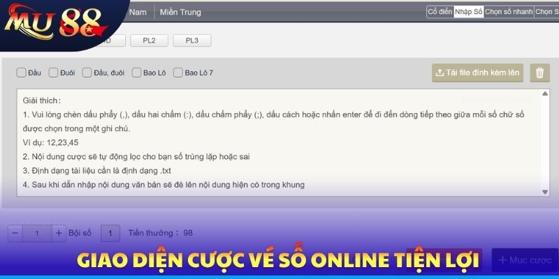 Giao diện cược vé số online tiện lợi